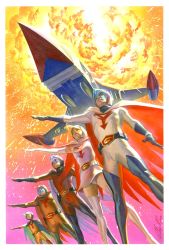 1970s_(style) 1girl 4boys age_difference alex_ross bodysuit boots cloak debris dutch_angle emblem energy_gun epic explosion fire flying gatchaman gloves glowing god_phoenix helmet highres holster hood hooded_cloak jinpei_the_swallow joe_the_condor jun_the_swan ken_the_eagle miniskirt multiple_boys official_art official_style oldschool panties pantyshot perspective promotional_art ray_gun realistic retro_artstyle ryu_the_owl scan signature size_difference skirt smoke spacecraft traditional_media underwear uniform visor weapon