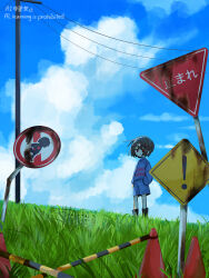 Rule 34 | !, 1other, ankle boots, arm at side, black boots, black eyes, blue shorts, blue sky, blue sweater, bob cut, boots, bright pupils, brown hair, cloud, commentary request, cumulonimbus cloud, dande lion2604, day, double-parted bangs, frisk (undertale), from below, full body, hair between eyes, hand in pocket, heart, highres, looking at viewer, on grass, power lines, purple sweater, red pupils, road sign, short hair, shorts, sign, sky, solo, standing, stop sign, striped clothes, striped sweater, sweater, traffic cone, turtleneck, turtleneck sweater, twitter username, two-tone sweater, undertale, unusually open eyes, utility pole, watermark