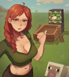 1girl absurdres ahoge alex_(minecraft) blue_sky blurry blurry_background boat braid breasts brown_pants cloud cropped_shirt end_rod grass green_eyes green_shirt hair_over_shoulder hand_up hexlaze highres large_breasts looking_at_viewer meme minecraft minecraft_sheep_fucker_(meme) navel orange_hair outdoors pants parted_lips piston pointing redstone_dust sheep_(minecraft) shirt side_braid sky v-shaped_eyebrows watercraft