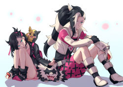 1boy 1girl aqua_eyes asymmetrical_bangs asymmetrical_hair black_footwear black_hair black_jacket black_nails black_shirt blush breasts brother_and_sister chen_(1717) choker commentary_request dress earrings galarian_form galarian_zigzagoon gen_3_pokemon gen_8_pokemon gym_leader hair_ribbon headpat holding holding_poke_ball jacket jewelry long_sleeves looking_at_viewer marnie_(pokemon) medium_breasts morpeko morpeko_(full) nail_polish nintendo open_clothes piers_(pokemon) pink_dress pink_jacket pink_shorts poke_ball poke_ball_(basic) pokemon pokemon_(creature) pokemon_swsh red_ribbon ribbon shirt shoes shorts siblings simple_background sitting small_breasts tongue tongue_out twintails white_background white_hair zigzagoon