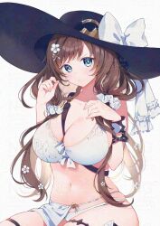 1girl absurdres adversarial_noise between_breasts bikini black_hat blush bow bracelet breasts brown_hair cleavage commentary_request dated flower granblue_fantasy hair_flower hair_ornament hair_scrunchie hairpin hat hat_bow highres jewelry large_breasts long_hair low_twintails mochiko_tsuru navel raziel_(granblue_fantasy) raziel_(summer)_(granblue_fantasy) scrunchie signature simple_background sitting solo strap_between_breasts sun_hat swimsuit thigh_strap twintails v-shaped_eyebrows white_background white_bikini white_bow white_flower