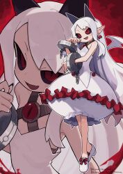 1girl absurdres black_sclera broken broken_chain chain colored_sclera cuffs dress fang flat_chest full_body highres long_hair looking_at_viewer multiple_views open_mouth phantom_kingdom pointy_ears pram_(phantom_kingdom) red_eyes smile white_dress white_hair zizi_niisan
