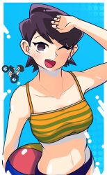 1boy 1girl ;d ball beachball bikini blush breasts collarbone commentary_request glasses helmet highres holding holding_ball holding_beachball husband_and_wife komi-san_wa_komyushou_desu komi_masayoshi komi_shuuko lecca_aisu looking_at_viewer mature_female medium_breasts motor_vehicle motorcycle motorcycle_helmet navel one_eye_closed open_mouth purple_eyes purple_hair riding short_hair smile solo_focus swimsuit