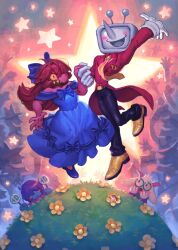 1girl 1other 2boys angry annoyed ant_tenna arm_above_head arm_up black_pants blue_bow blue_dress blue_hair blue_shoes blue_skin blush_stickers bow cheering clothed_robot colored_sclera colored_skin colored_teeth commentary constricted_pupils crowd crt deltarune dress dress_bow english_commentary exasperation flower formal_clothes gloves goat_boy goat_horns grass green-tinted_eyewear green_robe hair_bow happy highres holding_hands horns jumping kris_(dark_world)_(deltarune) kris_(deltarune) long_nose multiple_boys necktie object_head off-shoulder_dress off_shoulder pants pink_hair pink_horns pink_skin pointy_nose purple_skin ralsei red_hair red_suit reptile_girl robe robot round_eyewear shadowguy_(deltarune) sharp_teeth shoes slit_pupils smile spamton_g._spamton starcat_bloom suit susie_(deltarune) tailcoat teeth tinted_eyewear tv_world_(deltarune) when_you_see_it white_fur white_gloves yellow_flower yellow_necktie yellow_sclera yellow_shoes yellow_teeth
