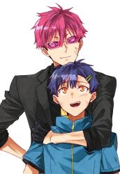 2boys asanaka_yomogi blue_hair dirty dirty_face formal_clothes gauma gridman_universe gridman_universe_(movie) hair_between_eyes hair_ornament jacket long_sleeves multiple_boys open_mouth red_hair risyo scar scar_on_face shirt short_hair simple_background smile suit sunglasses upper_body white_background yellow_eyes