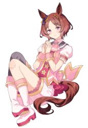 1girl animal_ears black_thighhighs boots brown_hair flower_in_eye full_body highres horse_ears horse_girl horse_tail looking_at_viewer migolu own_hands_together puffy_short_sleeves puffy_sleeves purple_eyes sakura_laurel_(umamusume) short_hair short_sleeves shorts simple_background single_thighhigh sitting smile solo symbol_in_eye tail thighhighs umamusume white_background white_boots
