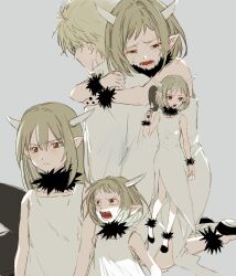 1boy 1girl arm_at_side blonde_hair corleo_(mamayuyu) crying dress frying_pan fur_collar grey_background holding holding_frying_pan horns hug hug_from_behind mamama_(mamayuyu) mamayuyu multiple_views pointy_ears red_eyes sharp_teeth short_hair sigil sitting standing teeth wazu_(wawa_pe) white_dress wristband