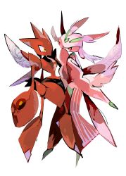 absurdres antennae arthropod_limbs claws colored_skin exoskeleton gen_2_pokemon gen_7_pokemon highres horns insect_wings lurantis mochako_(motyako_1005) nintendo no_humans pants pink_eyes pink_skin pokemon pokemon_(creature) pokemon_focus red_horns red_skin scizor simple_background slit_pupils striped_clothes striped_pants white_background wings yellow_eyes