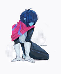 1other absurdres antenna_hair arm_support armored_gloves black_bodysuit blue_hair blue_scarf bob_cut bodysuit chinese_commentary closed_mouth commentary_request covered_eyes deltarune facing_ahead full_body gloves grey_armor grey_gloves hair_over_eyes halftone halftone_background highres hightguy kris_(dark_world)_(deltarune) kris_(deltarune) long_sleeves other_focus pink_scarf profile scarf shadow short_hair simple_background sitting solo striped_clothes striped_scarf twitter_username two-tone_scarf white_background yokozuwari