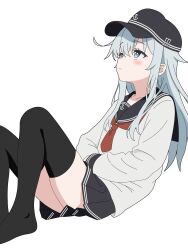 1girl absurdres anchor_symbol black_hat black_sailor_collar black_thighhighs blue_eyes commentary_request flat_cap grey_hair hat hibiki_(kancolle) highres kantai_collection long_hair long_sleeves looking_up neckerchief partial_commentary pleated_skirt red_neckerchief sailor_collar school_uniform serafuku shirt simple_background skirt solo sugapi thighhighs white_background white_shirt