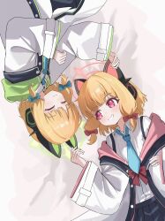 2girls absurdres animal_ear_headphones animal_ears black_shorts black_skirt blonde_hair blue_archive blue_necktie blush bow buttons cat_ear_headphones cat_ears chinese_commentary closed_eyes closed_mouth collared_shirt commentary_request dress_shirt fake_animal_ears green_halo green_jacket grin hair_bow halo headphones highres hood hood_down hooded_jacket jacket long_sleeves looking_at_another low-tied_sidelocks making-of_available medium_hair midori_(blue_archive) momoi_(blue_archive) multicolored_jacket multiple_girls necktie off_shoulder open_clothes open_jacket pink_eyes pink_halo pink_jacket pleated_skirt red_bow rotational_symmetry school_uniform shirt shirt_tucked_in shorts siblings sidelocks sisters skirt smile suspender_skirt suspenders twins unbuttoned untucked_shirt white_jacket white_shirt wide_sleeves xiaoxiaoyifan