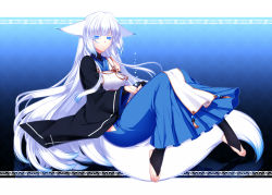 Rule 34 | 1girl, animal ears, barefoot, blue eyes, blue hakama, feet, female focus, fox ears, fox tail, hakama, hakama skirt, highres, hip vent, inari, japanese clothes, jewelry, konshin, long hair, orie mishiro, pixiv fantasia, pixiv fantasia fallen kings, skirt, solo, tail, toe ring, toeless legwear, toes, white hair