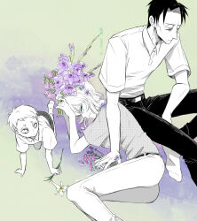 1girl 2boys asama_hirotaka black_hair bouquet child commentary_request fetal_position flower green_eyes highres holding holding_bouquet holding_flower horror_(theme) inubousaki_shioi looking_down multiple_boys nikubami_honegishimi polo_shirt runarica0914 twitter_username violet_(flower) wakashio_souichiro white_flower