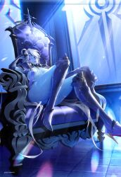 1girl armored_boots ass bare_legs beelzebub_(taimanin_series) blue_skin boots breasts breasts_out colored_skin curvy dated demon_girl expressionless eyepatch full_body glass glowing glowing_eye grey_hair huge_ass indoors kwata_kuwa large_breasts leotard lilith-soft long_hair looking_at_viewer official_art open_clothes parted_lips pointy_ears red_eyes revealing_clothes scar seductive_gaze seductive_smile shiny_skin sitting smile solo sweat taimanin_(series) taimanin_rpgx very_long_hair wet wide_hips