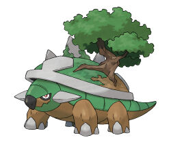 animal_focus closed_mouth full_body gen_4_pokemon highres nintendo no_humans official_art pokemon pokemon_(creature) pokemon_dppt pokemon_focus red_eyes simple_background solo spikes sugimori_ken third-party_source torterra tree white_background
