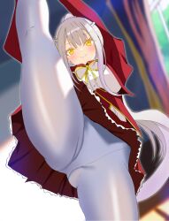 1girl 2024 absurdres animal_ears arms_up blunt_bangs blurry blurry_background blush braid c: center_frills clarice_clawnya closed_mouth colored_eyelashes commentary_request dated_commentary day foreshortening frilled_skirt frills from_below gluteal_fold grey_hair happy_live_show_up! highres indoors juliet_sleeves kneepits leg_lift long_hair long_sleeves looking_at_viewer looking_down miniskirt panties panties_under_pantyhose pantyhose pleated_skirt ponytail puffy_sleeves red_skirt ribbon sakuratoru shirt sidelocks skirt smile solo split split_mouth standing standing_on_one_leg standing_split thighs tsurime underwear very_long_hair white_panties white_pantyhose white_shirt window yellow_eyes yellow_ribbon