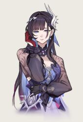 1girl black_gloves black_hair blue_dress blue_eyes breasts colored_inner_hair dress gloves grey_background hair_ornament hand_up highres honkai:_star_rail honkai_(series) hysilens_(honkai:_star_rail) long_hair long_sleeves looking_at_viewer medium_breasts multicolored_hair nimotsu_(nimotsu_art) purple_dress shrug_(clothing) simple_background solo two-tone_dress upper_body very_long_hair