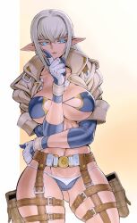 1girl absurdres blue_eyes breasts commentary dark-skinned_female dark_elf dark_skin elf gloves highres jill_(kasaki_yoshihiko) kasaki_yoshihiko large_breasts long_hair original parted_lips pointy_ears solo