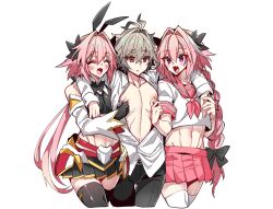3boys androgynous animal_ears antenna_hair armored_skirt astolfo_(fate) astolfo_(saber)_(fate) astolfo_(saber)_(first_ascension)_(fate) black_bow black_garter_straps black_gloves black_pants black_sweater black_thighhighs boots bow braid cape collarbone crop_top detached_sleeves dual_persona fate/apocrypha fate_(series) fur-trimmed_cape fur_trim garter_straps gauntlets gloves grey_hair hair_between_eyes hair_bow haoro long_braid long_hair low_twintails male_focus multicolored_hair multiple_boys multiple_hair_bows navel nipple_stimulation nipple_tweak pants pink_hair pleated_skirt purple_eyes rabbit_ears red_eyes riding_boots shirt short_hair sieg_(fate) simple_background single_braid skirt smile streaked_hair sweater thighhighs trap twintails very_long_hair white_background white_boots white_cape white_shirt zettai_ryouiki
