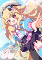 1girl :3 :d absurdres ahoge animal_ears asymmetrical_legwear bag beret black_bow black_pantyhose black_skirt blonde_hair blue_jacket blue_sky blue_thighhighs blurry blurry_background blush bow commission day depth_of_field dog_ears drawstring dutch_angle garter_straps hair_bow hair_ornament hat highres holding holding_bag hood hood_down hooded_jacket hoodie indie_virtual_youtuber jacket long_hair long_sleeves looking_at_viewer mismatched_legwear nishigahana_nonomi open_clothes open_jacket open_mouth outdoors outstretched_arm pantyhose plastic_bag pleated_skirt puffy_long_sleeves puffy_sleeves red_eyes shiro9jira shopping_bag single_leg_pantyhose single_thighhigh skeb_commission skirt sky smile solo sparkle star_(symbol) star_hair_ornament tail thighhighs uneven_legwear very_long_hair virtual_youtuber white_hoodie