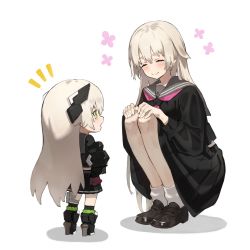 Rule 34 | 2girls, black footwear, black gloves, black shirt, black skirt, blush, chibi, commentary request, closed eyes, flower, full body, gloves, hair between eyes, hands on own hips, headgear, heavily armed high school girls, highres, ichi (heavily armed high school girls), long hair, long skirt, long sleeves, looking at another, miniskirt, multiple girls, neco, original, pleated skirt, school uniform, shirt, shoes, simple background, skirt, smile, standing, white background, white hair