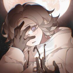 1boy aotsuki_eito arm_up black_gloves blue_eyes drawstring full_moon glasses gloves grey_hair hand_on_own_face hand_up highres hood hooded_jacket inujima_7 jacket male_focus moon open_mouth short_hair solo the_hundred_line_-last_defense_academy- upper_body white_jacket