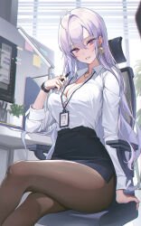 1girl :d absurdres arm_at_side black_pantyhose black_skirt blush breasts chair cleavage collared_shirt computer crescent crescent_earrings crossed_legs day desk desk_lamp earrings feet_out_of_frame grin hair_between_eyes high-waist_skirt highres holding holding_pen id_card indoors jewelry lamp lanyard large_breasts long_hair long_sleeves looking_at_viewer monitor necklace office office_lady open_collar open_mouth original pantyhose pen pencil_skirt pink_hair purple_eyes shirt shirt_tucked_in sitting skirt smile solo sticky_note straight_hair teeth ttosom watch white_shirt window window_blinds wristwatch