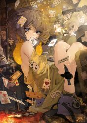absurdres blue_eyes card chocosong explosive facial_mark floating_card fluffy_hair gradient_hair grenade gun heart heart_facial_mark highres holding holding_card hololive hololive_english multicolored_hair ninomae_ina&#039;nis orange_hair playing_card purple_hair takodachi_(ninomae_ina&#039;nis) tentacle_hair thigh_strap virtual_youtuber weapon