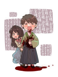 1boy 1girl bleeding blood brother_and_sister brown_hair chibi commentary_request full_body hakama half-siblings heart heart-shaped_pupils highres injury izumi_ico japanese_clothes kimono long_hair nie_no_hakoniwa open_mouth rikugou_sanae rikugou_touta siblings skirt smile symbol-shaped_pupils