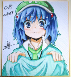 1girl artist_name blue_eyes blue_hair female_focus hair_bobbles hair_ornament hat kawashiro_nitori matching_hair/eyes photo_(medium) posterboard ryuu_(multitask) shikishi short_hair solo touhou traditional_media twintails two_side_up