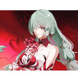 1girl aqua_eyes bandage_over_one_eye bare_shoulders border braid breasts chinese_commentary collar commentary_request earrings flower grey_hair highres holding holding_flower huqu_(huqu45712) jewelry long_hair looking_at_viewer low_twin_braids medium_breasts multicolored_eyes parted_lips phrolova_(wuthering_waves) red_background red_collar red_eyes solo spider_lily twin_braids two-tone_eyes upper_body white_border wuthering_waves