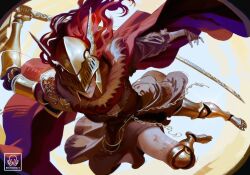 1girl amputee brown_dress cape covered_eyes dress dynamic_pose elden_ring foreshortening full_body fur_trim golden_sword helmet highres long_hair malenia_blade_of_miquella maskoo185826 mechanical_arms prosthesis prosthetic_arm prosthetic_leg red_cape red_hair signature simple_background solo very_long_hair winged_helmet