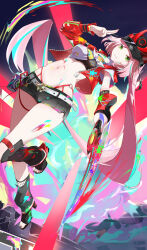 1girl absurdres asymmetrical_sleeves baseball_cap belt black_hat black_nails black_shorts black_visor bridal_gauntlets crop_top dagger fishnet_bridal_gauntlets fishnet_top fishnets gokusaishiki_(1376145360) graffiti green_eyes hat horned_hat highres honkai:_star_rail honkai_(series) horned_hat jacket knife long_hair looking_at_viewer midriff navel paint pink_hair ponytail rappa_(honkai:_star_rail) red_arm_warmers red_jacket shirt short_shorts shorts single_sleeve_past_wrist spray_can tied_shirt uneven_sleeves weapon white_belt white_shirt wrist_belt