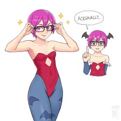 1girl absurdres adjusting_eyewear animal_print bare_shoulders bat_print bespectacled black-framed_eyewear blank_speech_bubble blue_pantyhose blush breasts closed_mouth collarbone covered_navel darkstalkers glasses head_wings highres index_finger_raised leotard lilith_(darkstalkers) nerd_emoji pantyhose pink_eyes pink_hair red_leotard revision short_hair simple_background small_breasts smile solo sparkle speech_bubble straight_hair watcher_hollow white_background wings