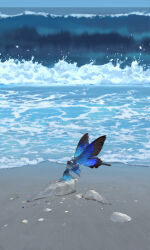 2girls anklet barefoot blue_dress blue_shirt blue_wings bracelet brown_hair butterfly_wings dress fairy full_body highres hug ibuki_satsuki insect_wings jewelry long_hair mini_person minigirl multiple_girls ocean original outdoors sand shell shirt short_hair short_sleeves sleeveless stomach water waves wings