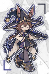 Rule 34 | 1girl, ambience synesthesia, amiya (arknights), amiya (medic) (arknights), amiya (medic) (solo around the world) (arknights), animal ears, anklet, arknights, armlet, bare shoulders, black cape, black dress, black gloves, black hat, black pantyhose, bow (music), braid, brown hair, cape, closed eyes, closed mouth, dress, ears through headwear, frilled hat, frills, full body, g62848, gloves, gradient hair, grey cape, hair between eyes, hair ribbon, halftone, hat, highres, holding, holding bow (music), holding instrument, holding violin, instrument, jewelry, long hair, multicolored hair, multiple rings, official alternate costume, outline, pantyhose, purple hair, purple outline, purple ribbon, ribbon, ring, single glove, smile, solo, standing, two-sided cape, two-sided fabric, violin, white outline, witch hat, zoom layer