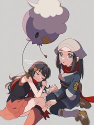 Rule 34 | 2girls, akari (pokemon), black hair, black sash, blue hair, boots, breasts, closed eyes, closed mouth, dawn (pokemon), drifloon, eyelashes, galaxy expedition team survey corps uniform, gen 4 pokemon, grey eyes, grey jacket, hair ornament, hairclip, hat, headscarf, highres, jacket, kneeling, long hair, lying, mikakami1e, multiple girls, nintendo, on side, open mouth, pantyhose, pink boots, pink skirt, pokemon, pokemon (creature), pokemon dppt, pokemon legends: arceus, poketch, ponytail, red scarf, sash, scarf, shirt, sidelocks, skirt, sleeping, sleeveless, smile, watch, white headscarf, wristwatch