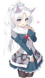 1girl absurdres animal_ears black_pantyhose blue_eyes blue_flower blue_jacket blue_skirt blush breasts clothing_cutout commentary_request cropped_jacket cropped_legs flower hair_flower hair_ornament hand_up heart highres jacket long_hair long_sleeves looking_at_viewer medium_breasts open_mouth pantyhose parted_bangs ponytail pu_ht sailor_collar shirt shoulder_cutout simple_background skirt solo tomotake_yoshino very_long_hair white_background white_hair white_sailor_collar white_shirt yuzu-soft