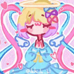 1girl ame-chan_(needy_girl_overdose) angel_wings blue_bow blue_serafuku bow chouzetsusaikawa_tenshi-chan dahi.da_hi hair_bow heart holographic_clothing long_hair long_neck multicolored_hair multiple_hair_bows needy_girl_overdose pink_hair praying school_uniform serafuku shirt smile twintails wings