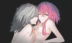 2girls absurdres black_background blue_eyes closed_mouth commentary grey_hair hair_between_eyes highres honkai:_star_rail honkai_(series) interlocked_fingers living_doll long_hair looking_at_another looking_at_viewer march_7th_(honkai:_star_rail) multiple_girls nipples nude one_eye_closed pink_hair simple_background stelle_(honkai:_star_rail) trailblazer_(honkai:_star_rail) yuri