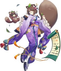 Rule 34 | 1girl, animal ears, artist request, bad source, breasts, brown hair, floral print, full body, game cg, glasses, hair ornament, holding, holding leaf, japanese clothes, leaf, official art, orange eyes, paintbrush, raccoon ears, raccoon girl, raccoon tail, scroll, sennen sensou aigis, solo, tail, third-party source, transparent background, yashima (sennen sensou aigis)