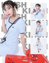 Rule 34 | 1girl, black hair, blue dress, braid, brown eyes, cherry, dress, english text, flat chest, food, fruit, indoors, japanese (nationality), kobayashi aika, lipstick, looking at viewer, makeup, multiple views, photo (medium), real life, short hair, sitting, standing, voice actor