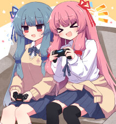 &gt;_&lt; 2girls :d black_bow black_bowtie black_ribbon black_thighhighs blue_hair blue_ribbon blue_skirt blush bow bowtie clothes_around_waist collared_shirt commentary controller dated_commentary dualshock feet_out_of_frame flying_sweatdrops game_controller gamepad hair_ribbon hibino_000 highres kotonoha_akane kotonoha_aoi long_hair long_sleeves multiple_girls neck_ribbon notice_lines open_mouth over-kneehighs pink_hair playing_games playstation_controller pleated_skirt red_eyes red_ribbon ribbon shirt sidelocks sitting skirt smile sweatdrop sweater tears thighhighs voiceroid white_shirt xd yellow_sweater