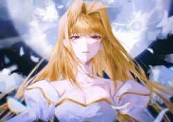 1girl absurdres archetype_earth arcueid_brunestud bare_shoulders blonde_hair breasts cleavage detached_sleeves dress full_moon hair_intakes highres large_breasts long_hair looking_at_viewer moon parted_lips pppeipeipipi red_eyes solo strapless tsukihime upper_body