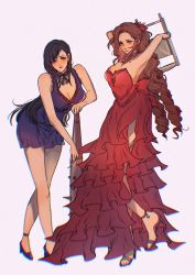 2girls aerith_gainsborough aerith_gainsborough_(red_dress) anklet armpits bare_arms bare_legs bare_shoulders baseball_bat black_hair blue_dress bracelet breasts brown_hair chair cleavage crossed_legs dress final_fantasy final_fantasy_vii final_fantasy_vii_remake folding_chair full_body green_eyes hair_ornament high_heels highres jewelry large_breasts long_dress long_hair medium_breasts multiple_girls nail nail_(hardware) nail_bat necklace official_alternate_costume ponytail red_dress red_eyes sera_(serappi) short_dress simple_background square_enix straight_hair strapless strapless_dress tifa_lockhart tifa_lockhart_(refined_dress) wall_market wavy_hair
