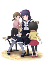3girls bench black_hair blush book brown_eyes brown_hair rabbit dress fllay flower gokou_hinata gokou_ruri gokou_tamaki gothic_lolita hairband lolita_fashion long_hair mole mole_under_eye multiple_girls open_mouth ore_no_imouto_ga_konna_ni_kawaii_wake_ga_nai pantyhose purple_rose red_eyes rose shoes short_hair siblings sisters stuffed_animal stuffed_toy twintails