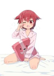 Rule 34 | 1girl, blush, brown eyes, highres, massigura, one eye closed, pajamas, pillow, red hair, shakunetsu no takkyuu musume, short hair, sitting, sleepy, solo, tsumujikaze koyori, wariza