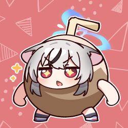 +_+ 1girl animal_ears black_hair blue_archive cat_ears cat_girl coconut drinking_straw foodification grey_hair kokona_(blue_archive) multicolored_hair nako775 open_mouth outline red_eyes solo streaked_hair white_outline