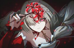 1girl absurdres bandage_over_one_eye breasts commentary detached_sleeves fingernails flower from_above grey_hair highres holding holding_flower long_hair looking_at_viewer nail_polish one_eye_covered parted_lips phrolova_(wuthering_waves) portrait red_eyes red_nails small_breasts solo spider_lily uxien wuthering_waves