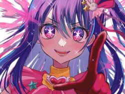 1girl blurry blurry_foreground commentary_request highres hoshino_ai ia34550364 index_finger_raised long_hair looking_at_viewer multicolored_hair oshi_no_ko pink_hair purple_eyes purple_hair smile solo sparkle star-shaped_pupils star_(symbol) streaked_hair symbol-shaped_pupils teeth two-tone_hair